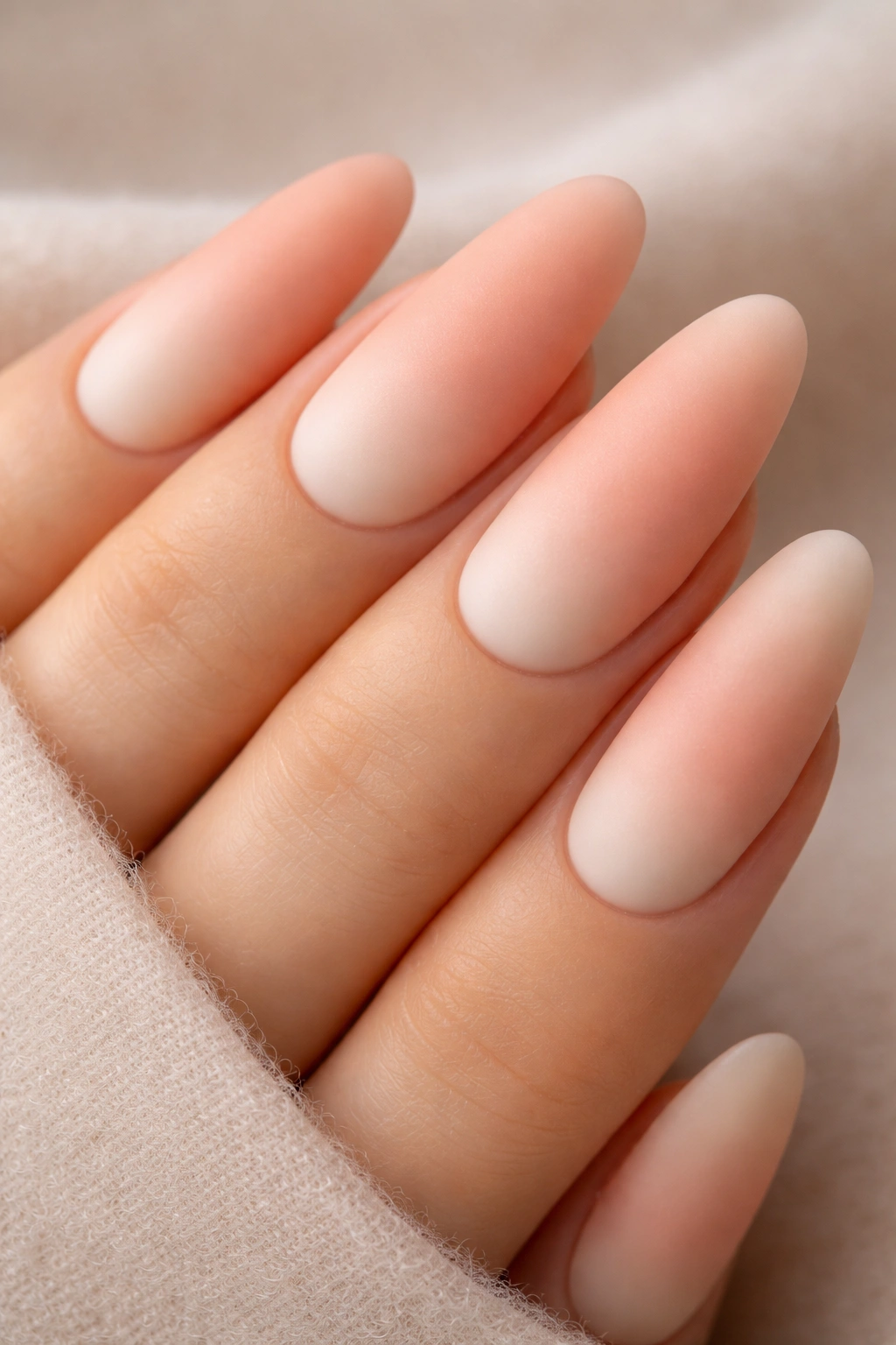 Close-up of long oval nails in peach to cream ombre with matte finish