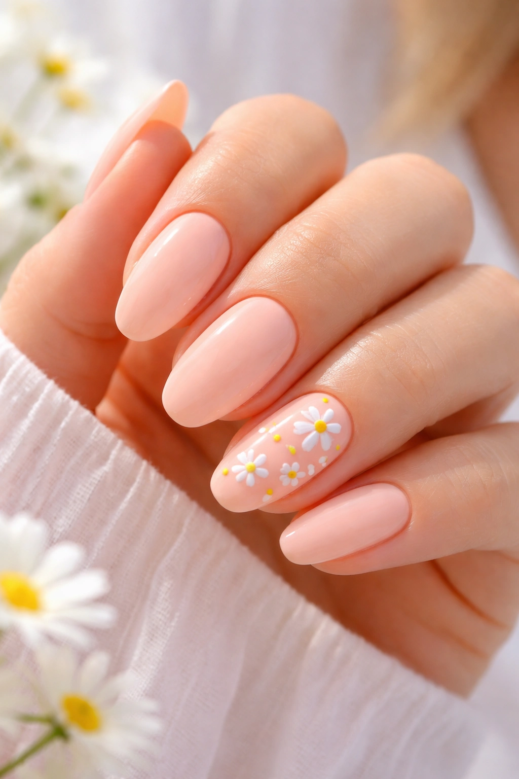 Peach nails with a daisy-accent nail featuring white petals