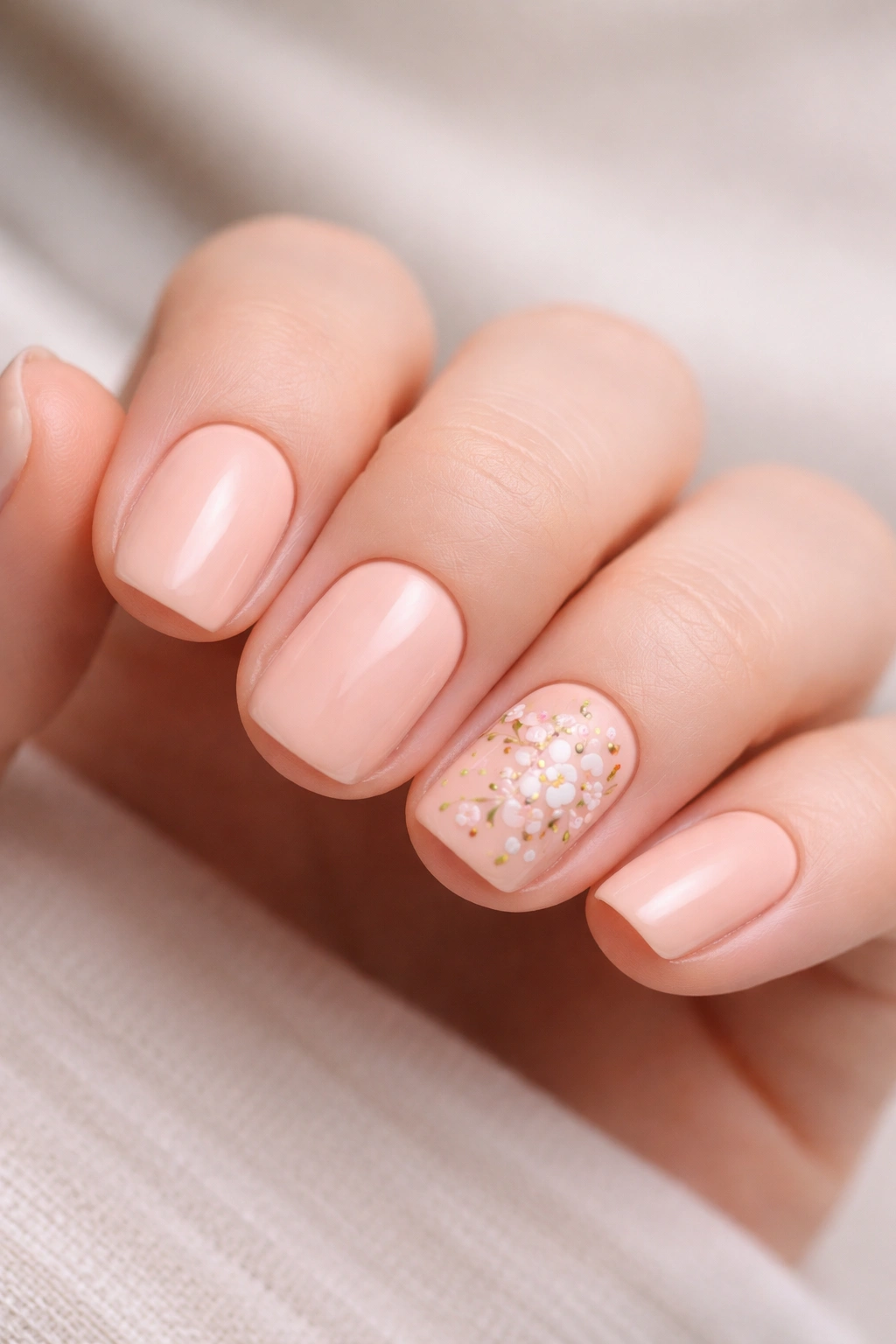 Close-up of soft peach nails with tiny floral detail on one nail