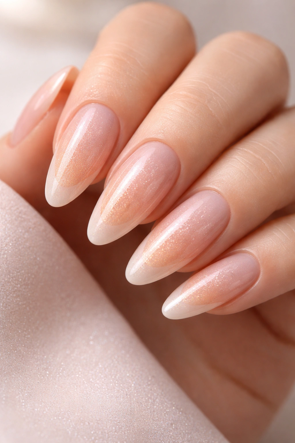 Long almond nails with peach tips and subtle shimmer in a soft studio setting