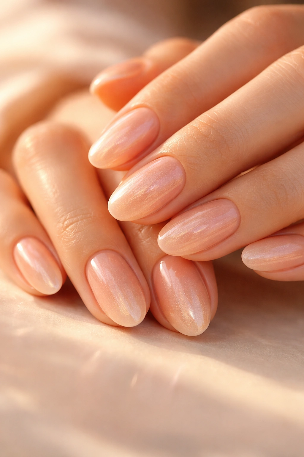 Close-up peach glaze nails glowing with warm light