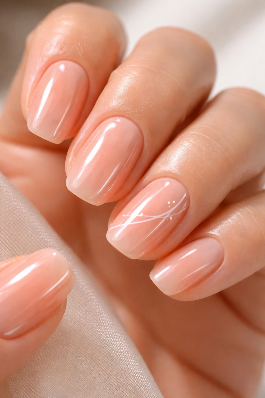 Close-up peach glaze nails with minimalist art