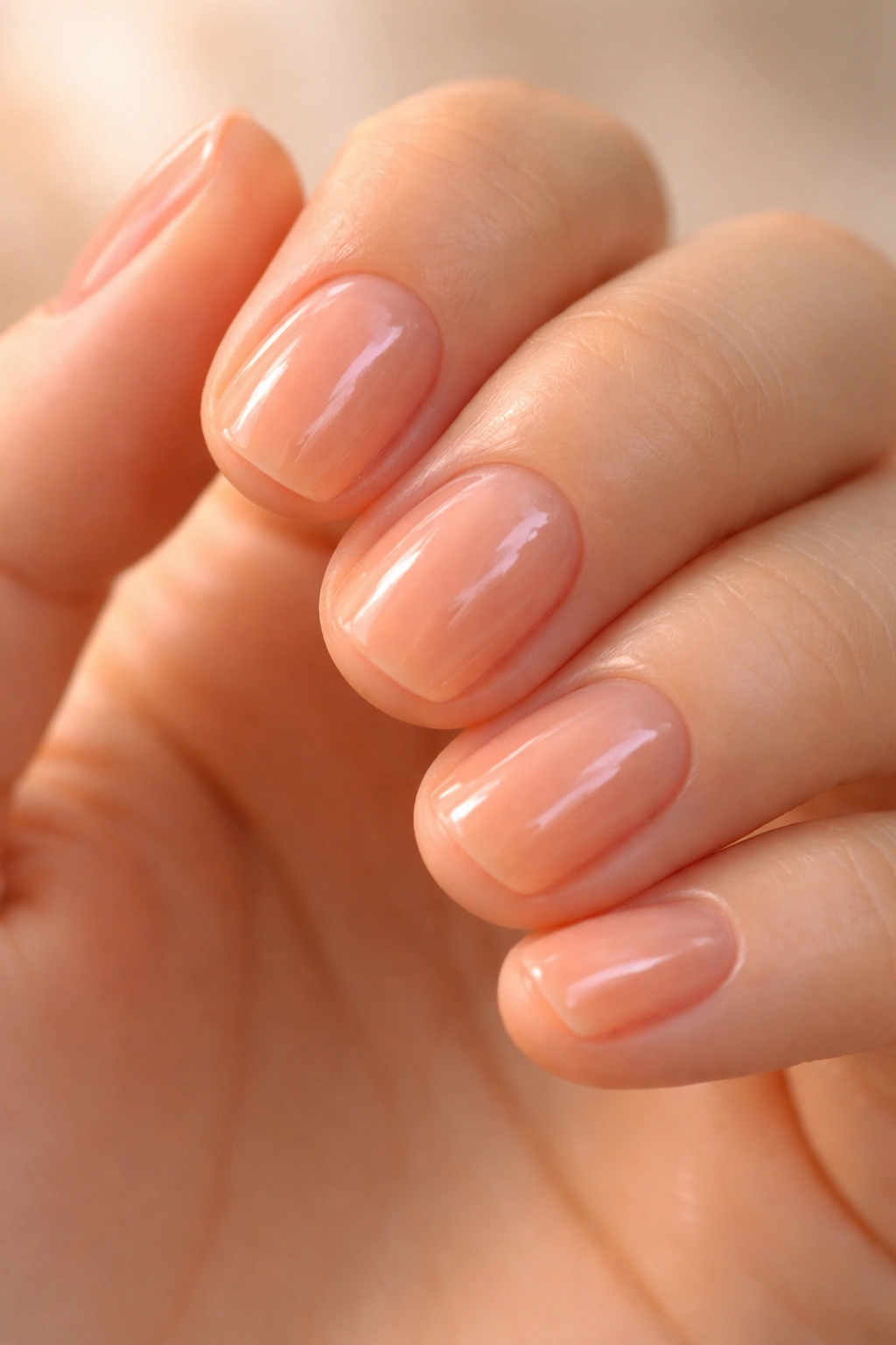 Close-up of natural nails with sheer peach glaze and glossy finish