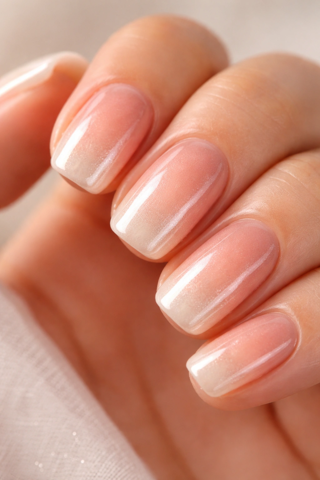 Close-up of nails with peachy glaze fading to nude in a soft ombre
