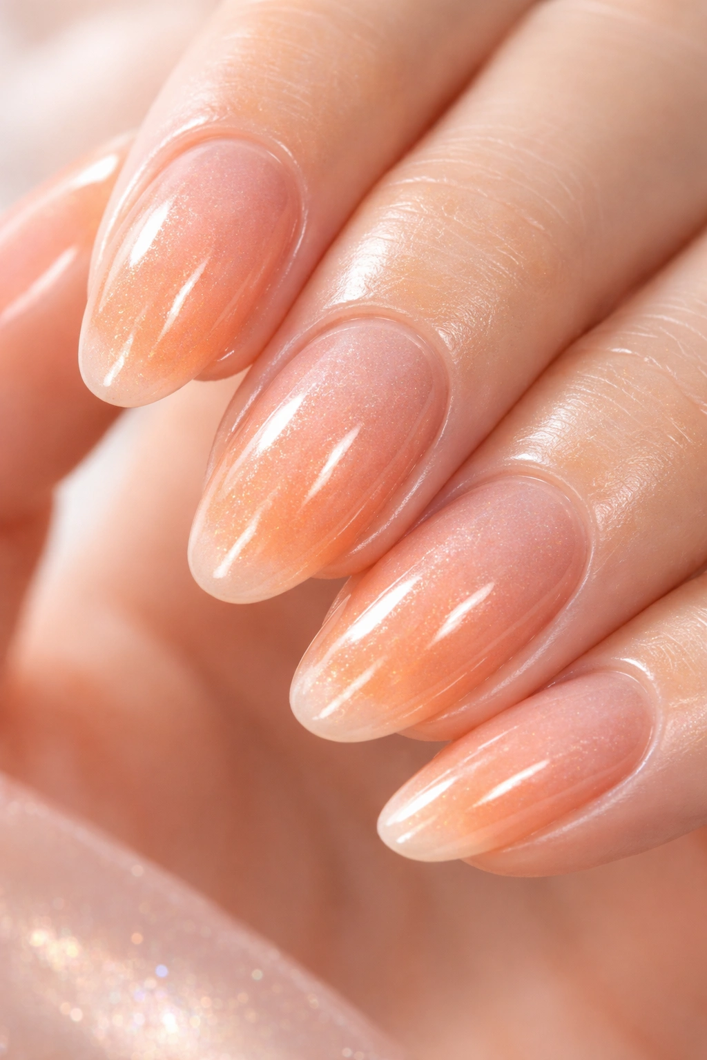 Close-up of peach glaze nails with pearlescent shimmer
