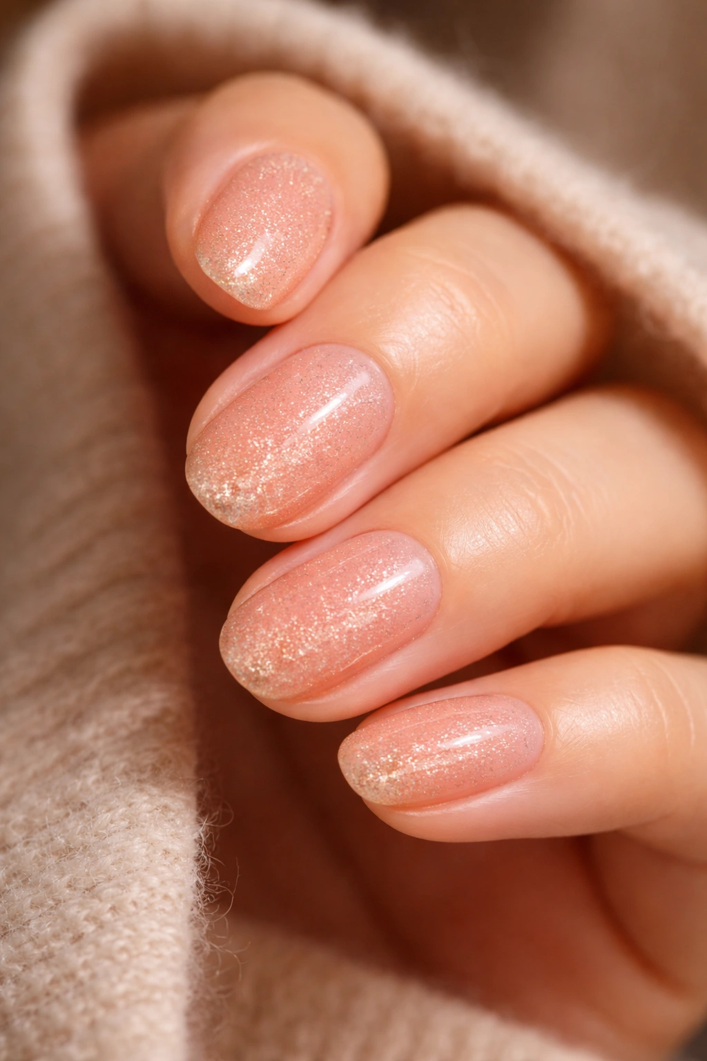 Close-up of peach glitter nails on short oval nails with soft glow