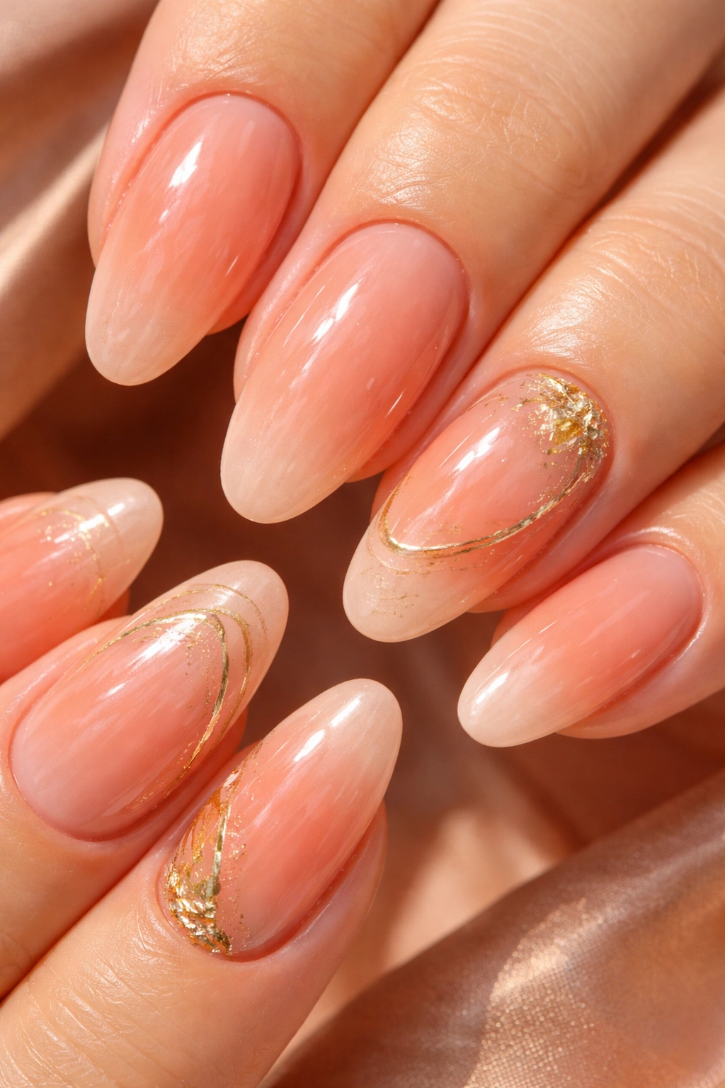 Close-up of peach nails with subtle gold accents