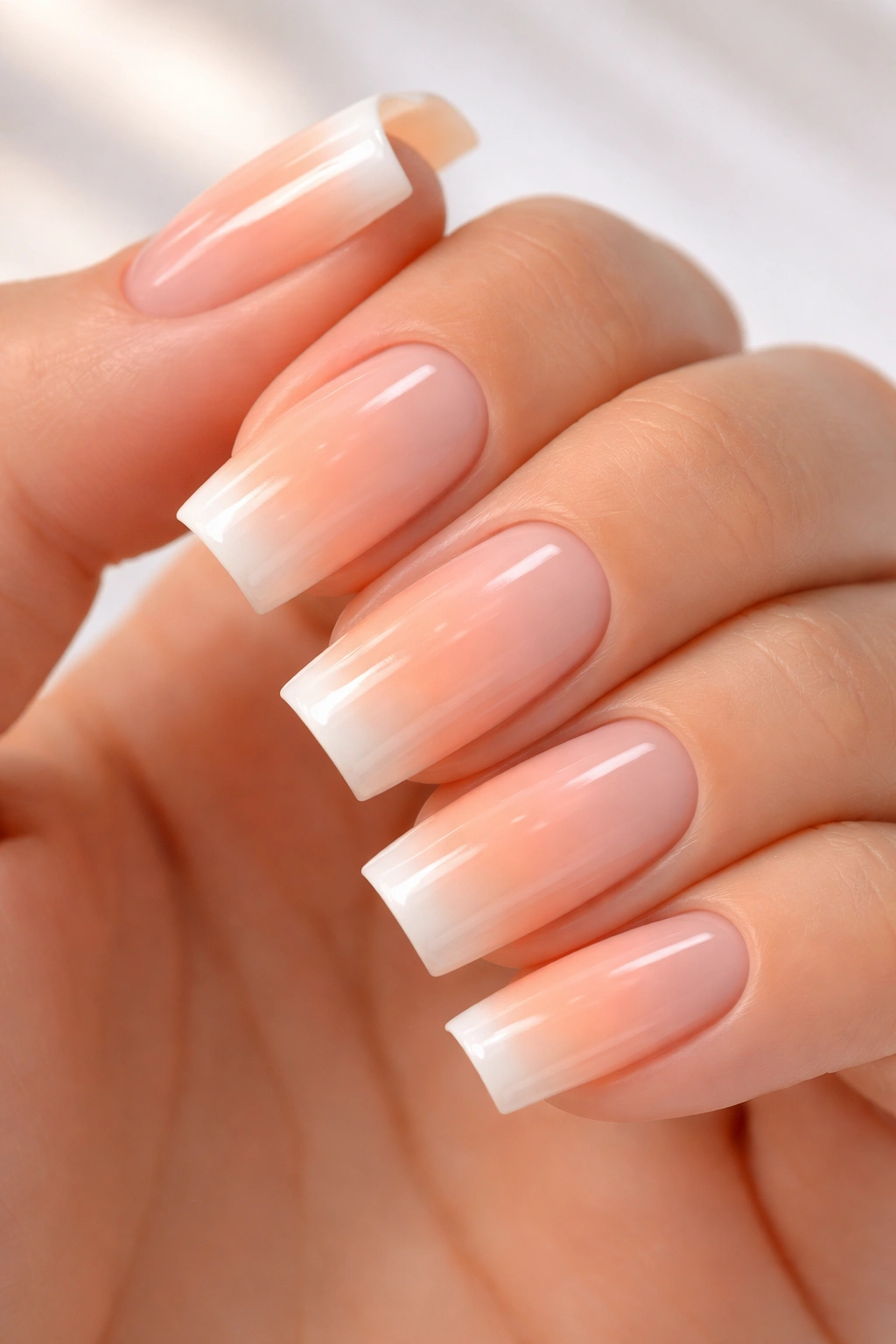 Close-up nails with peachy gradient French tips on soft square nails.