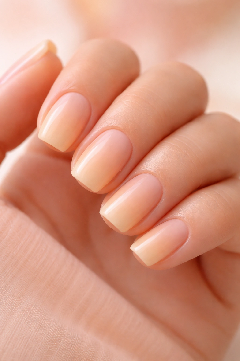 Close-up of short squoval nails with ivory-to-peach gradient