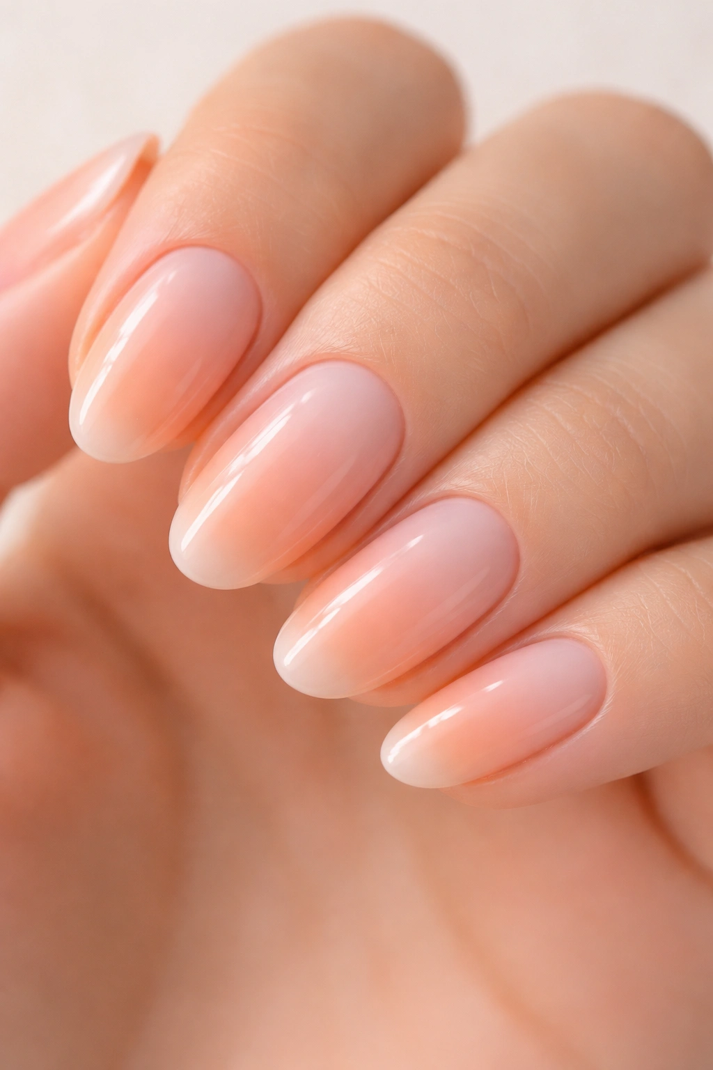 Close-up of nails showing a subtle peach-to-peach gradient