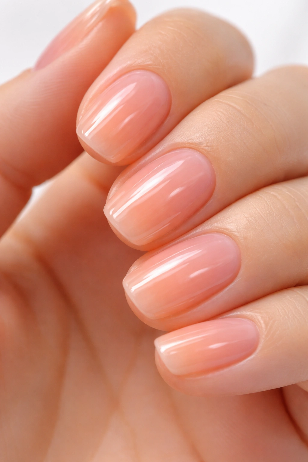 Close-up of jelly nails with sheer peach gloss and translucent finish