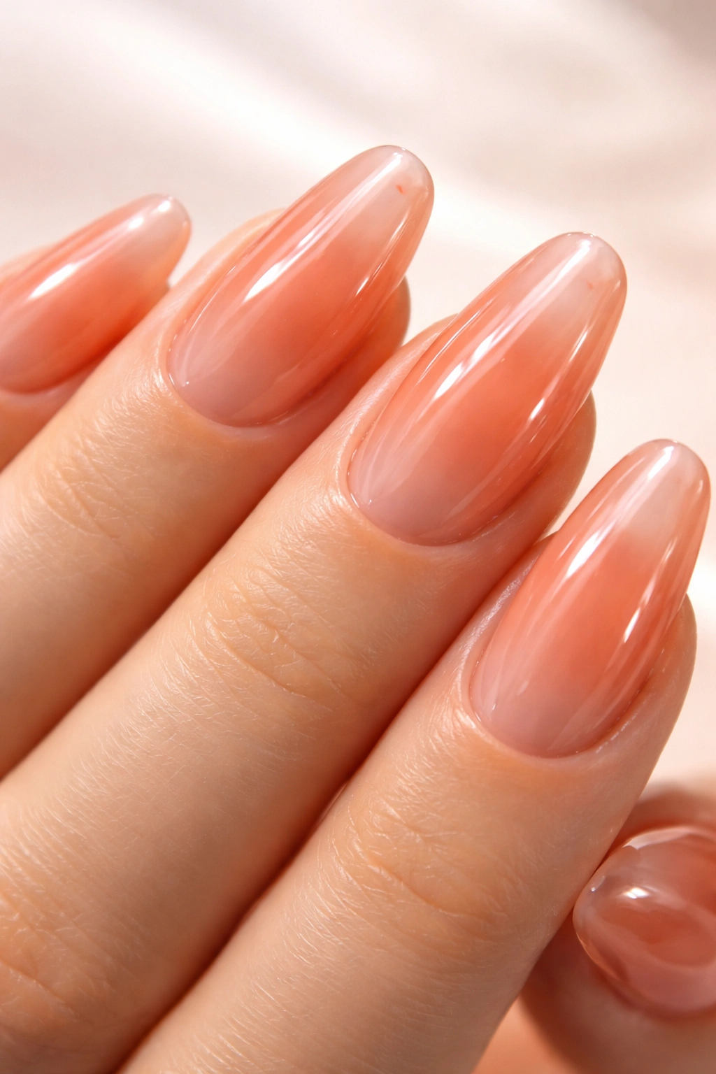 Close-up of peach jelly nails showing layered glass-like depth and shine