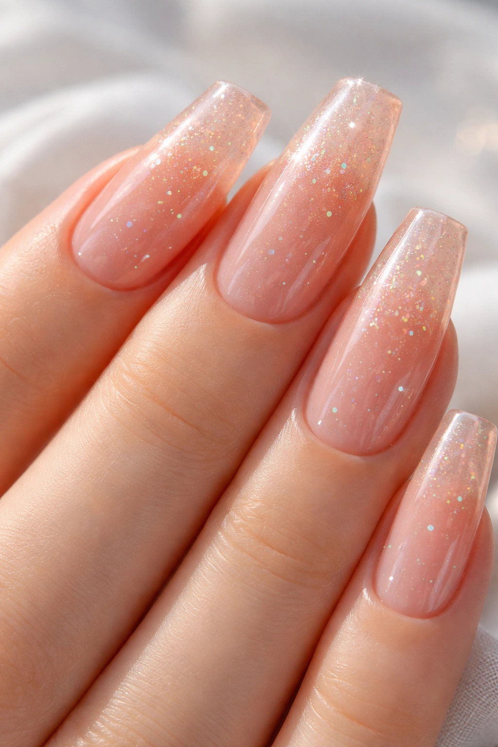 Close-up of jelly peach nails with iridescent flakes for a light, candy-like look