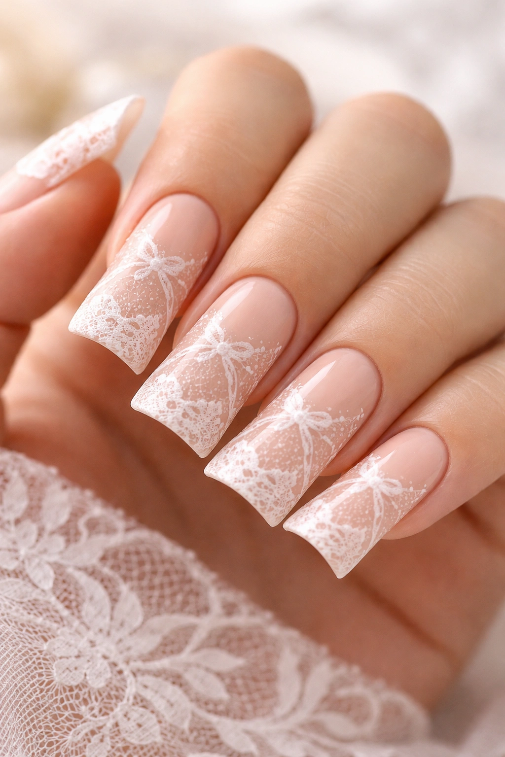 Duck nails pale peach with white lace pattern