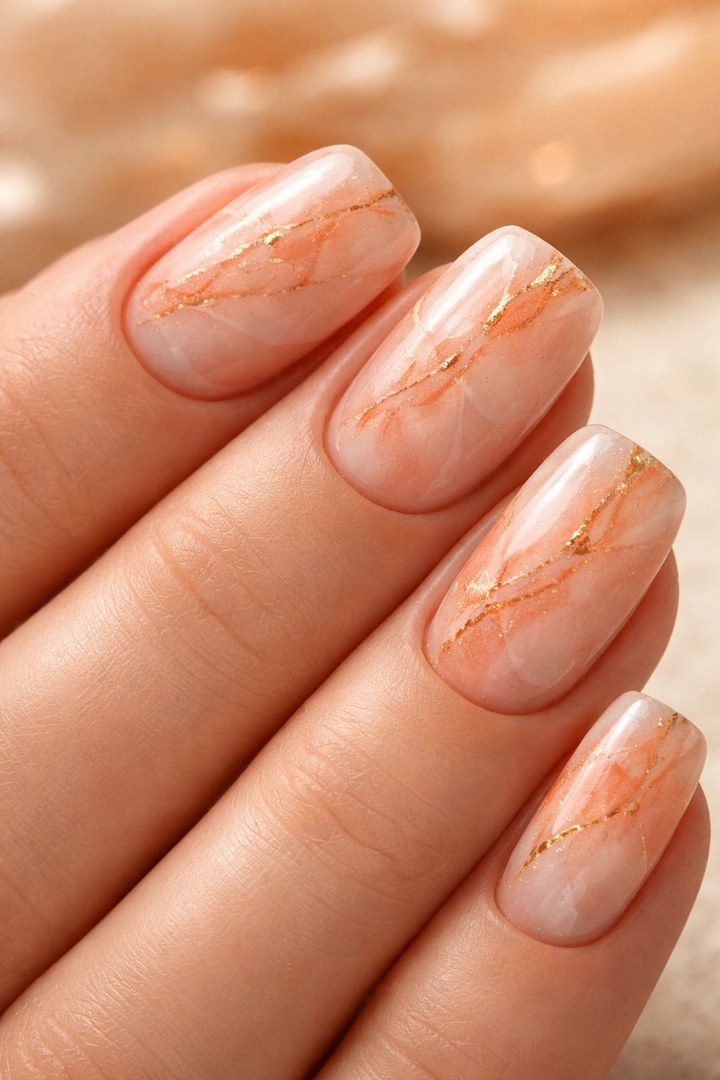 Warm peach marble nails with peach, coral, and gold veining.