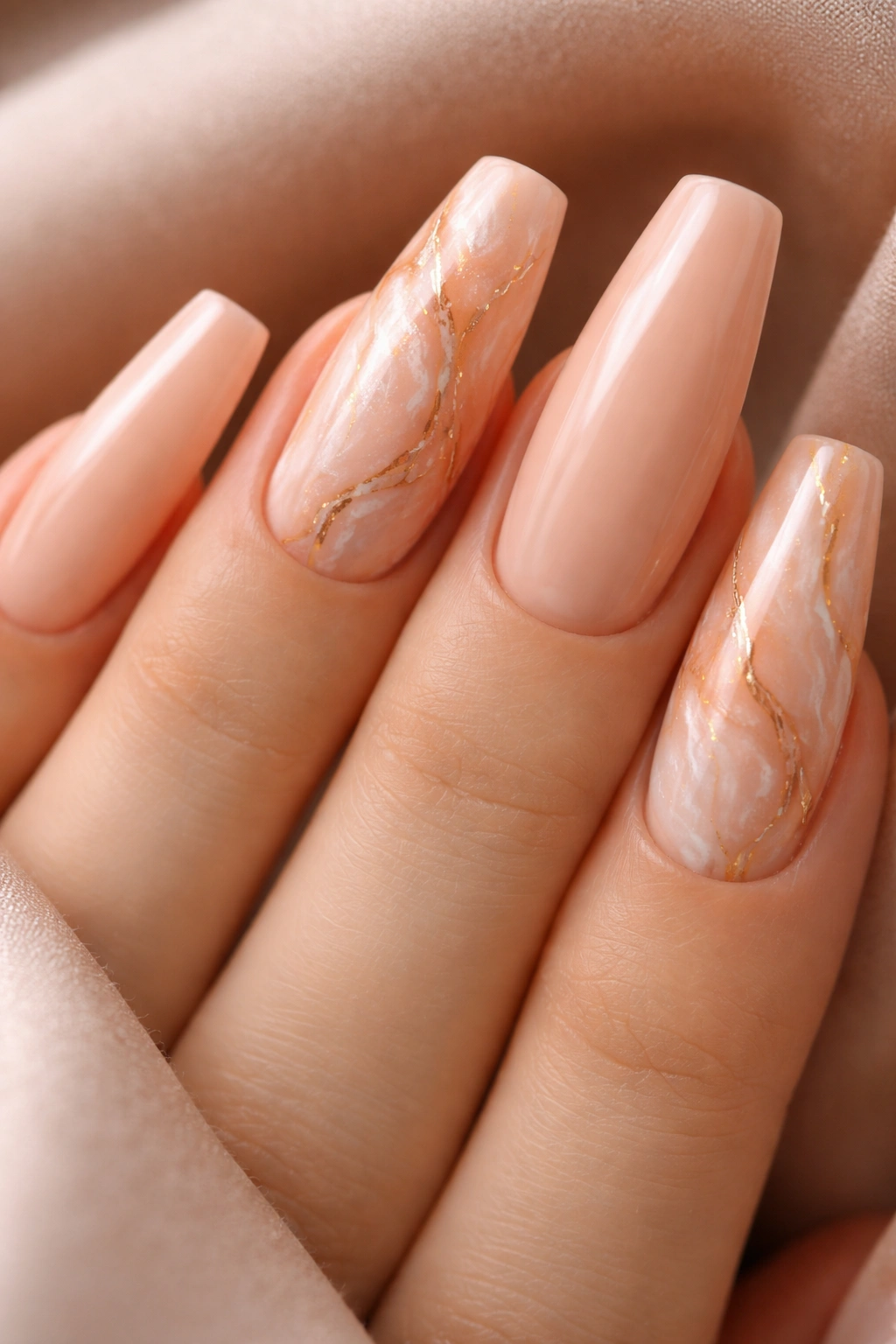 Peach marble ballerina nails with gold veining on a neutral background