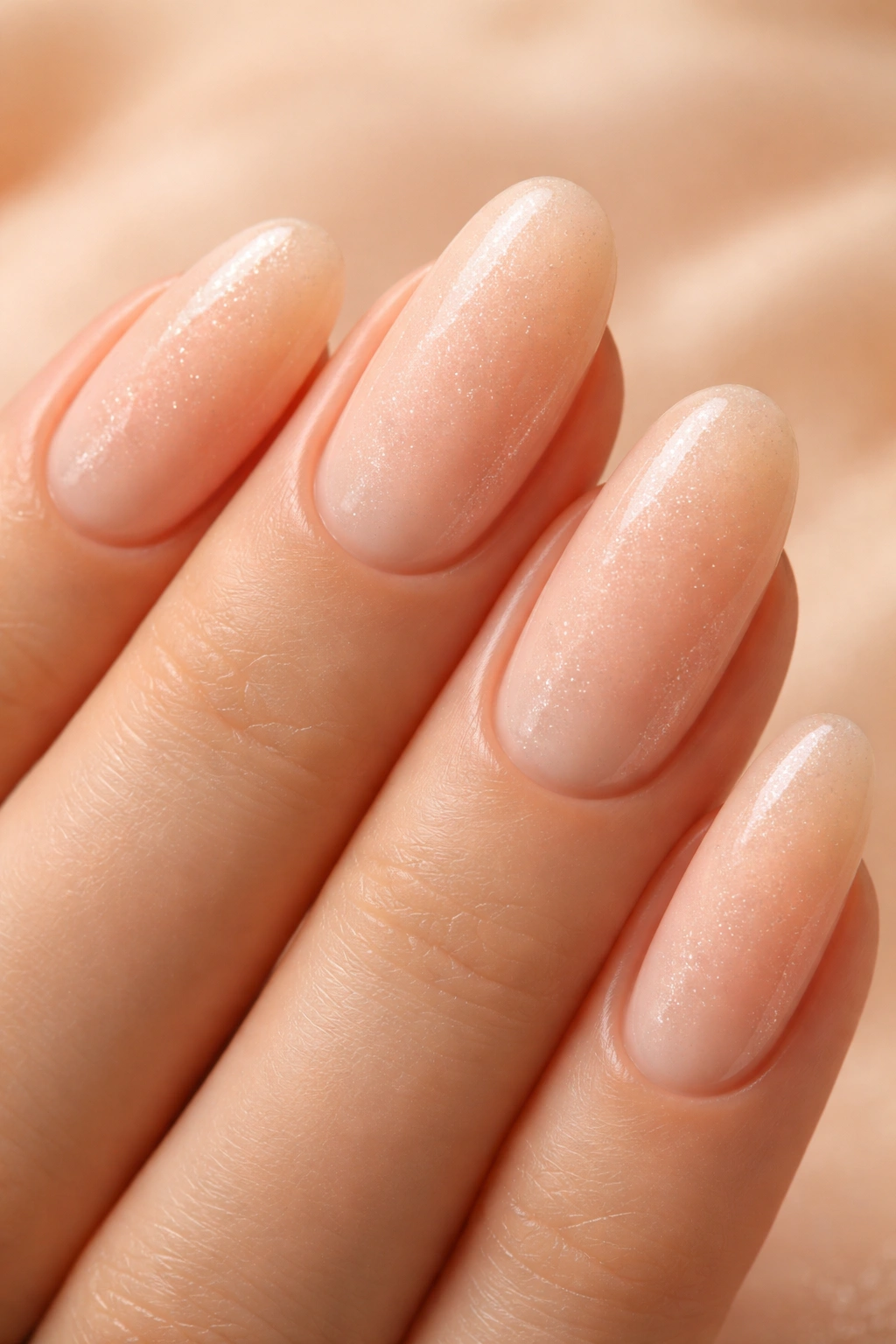 Close-up of peachy milk bath nails with subtle champagne shimmer