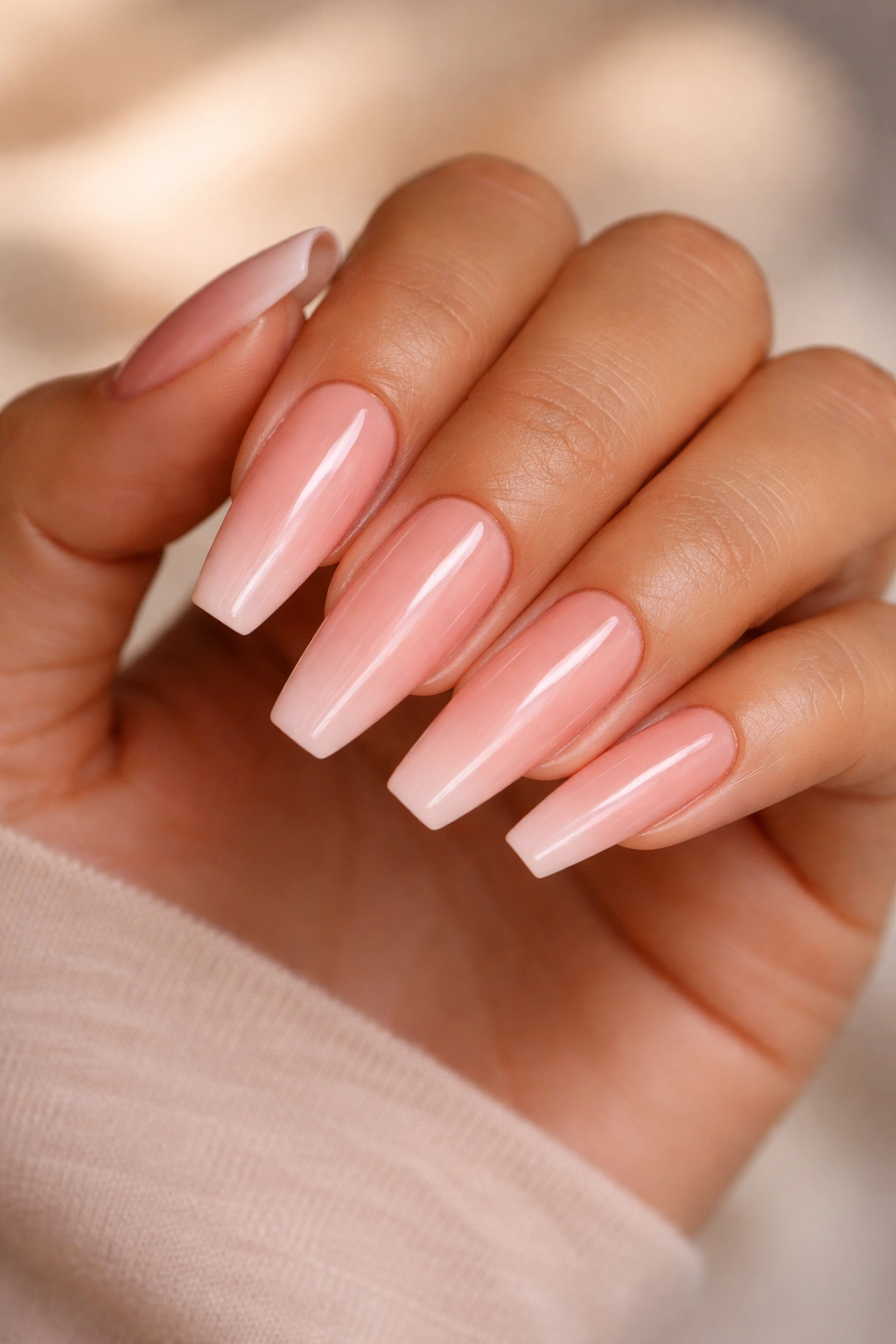Nails in peach milk blush with high-gloss finish on warm skin.