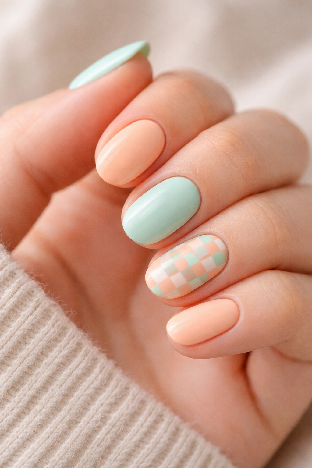 Peach and mint checker accent on short oval nails