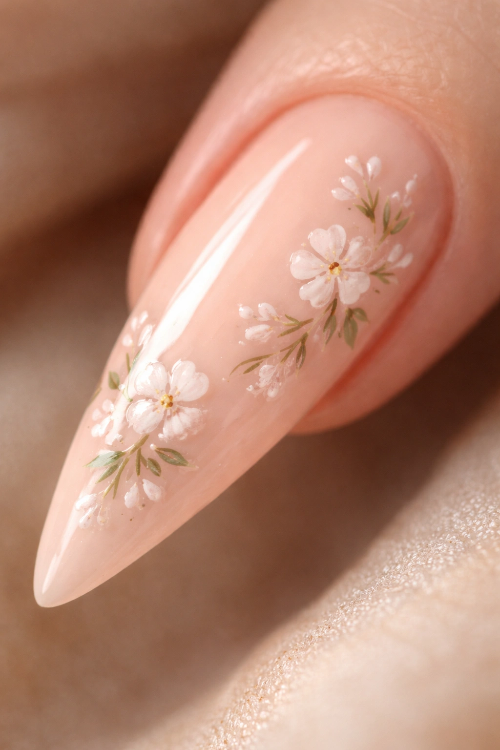 Stiletto nail soft peach with delicate floral details close-up