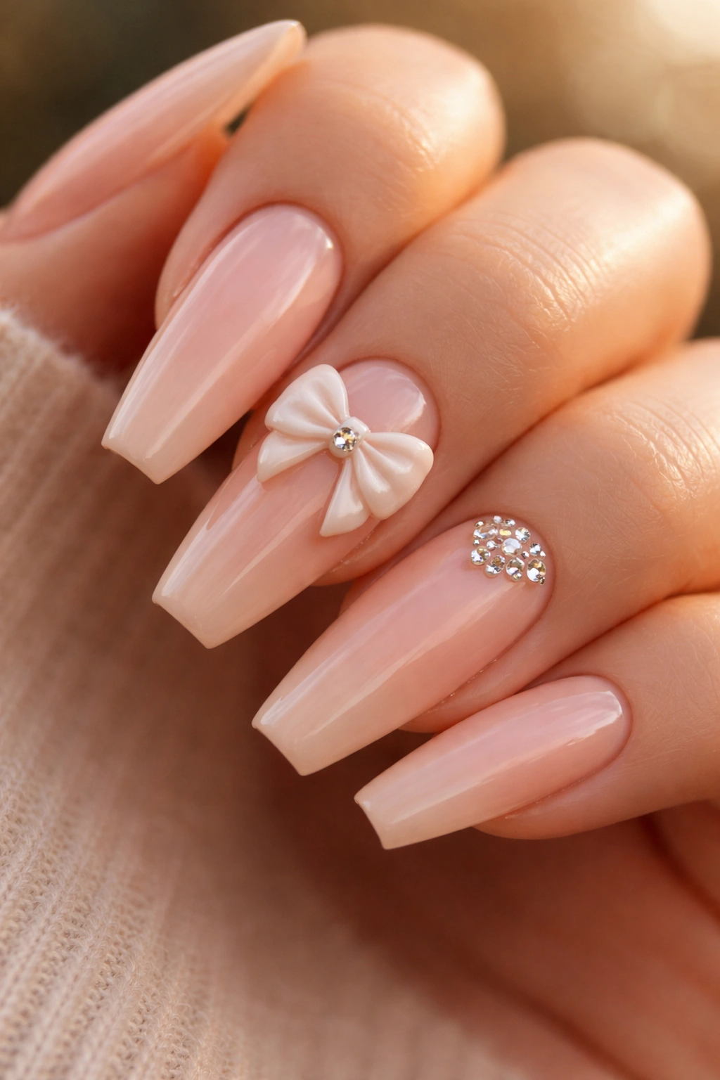 Close-up of soft peach nails with a 3D bow and rhinestones