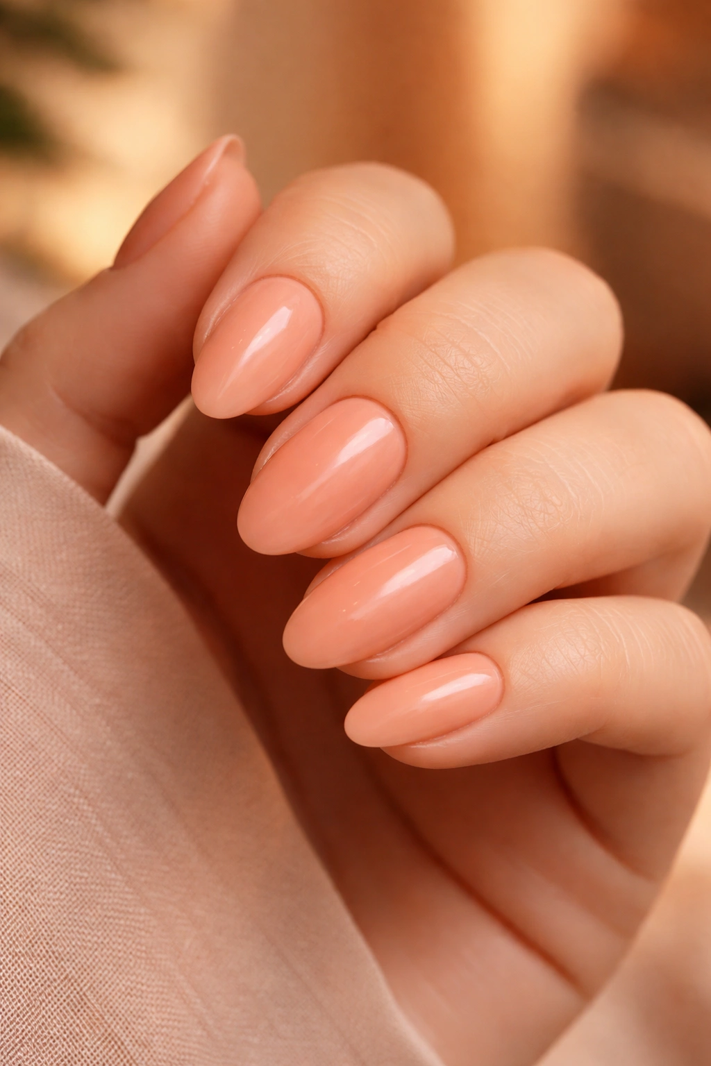 Close-up of short almond nails in soft peach tones.