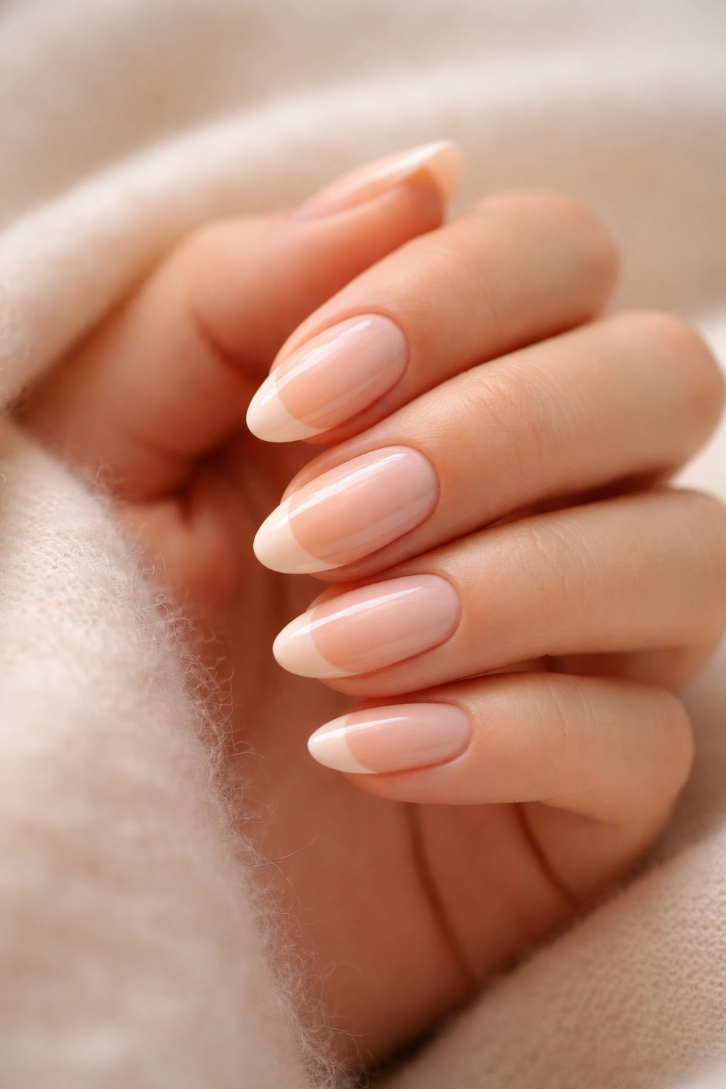 Close-up of pale peach French tips on warm-toned short almond nails