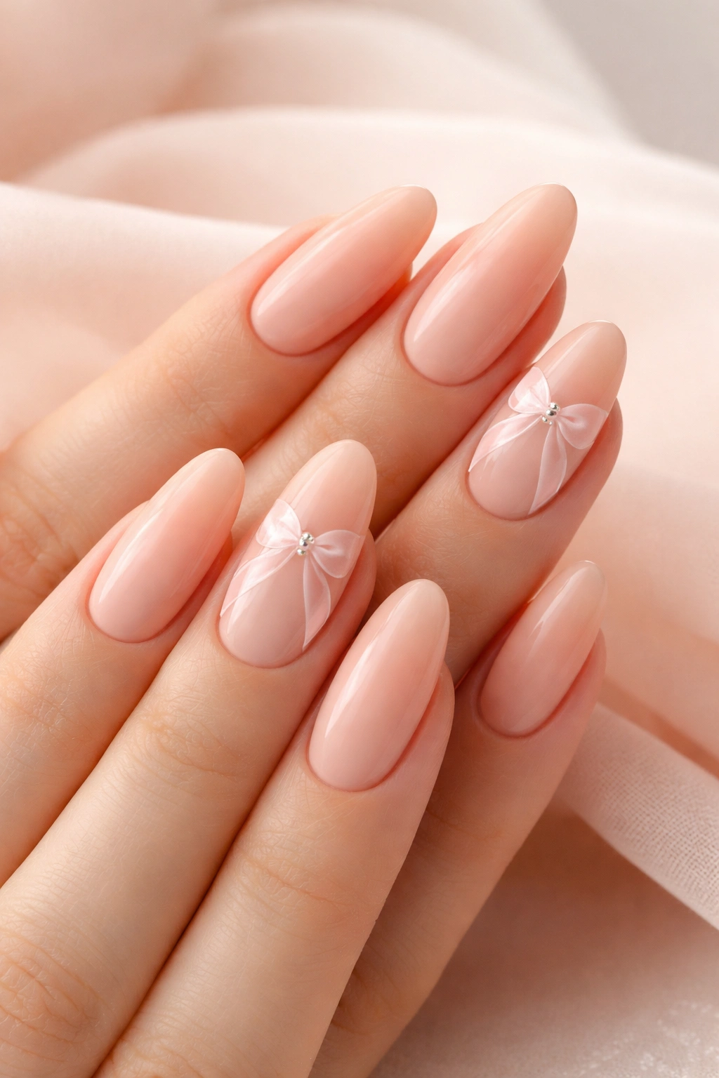 Soft peach nails with blush bow and negative space design on long oval nails, close-up