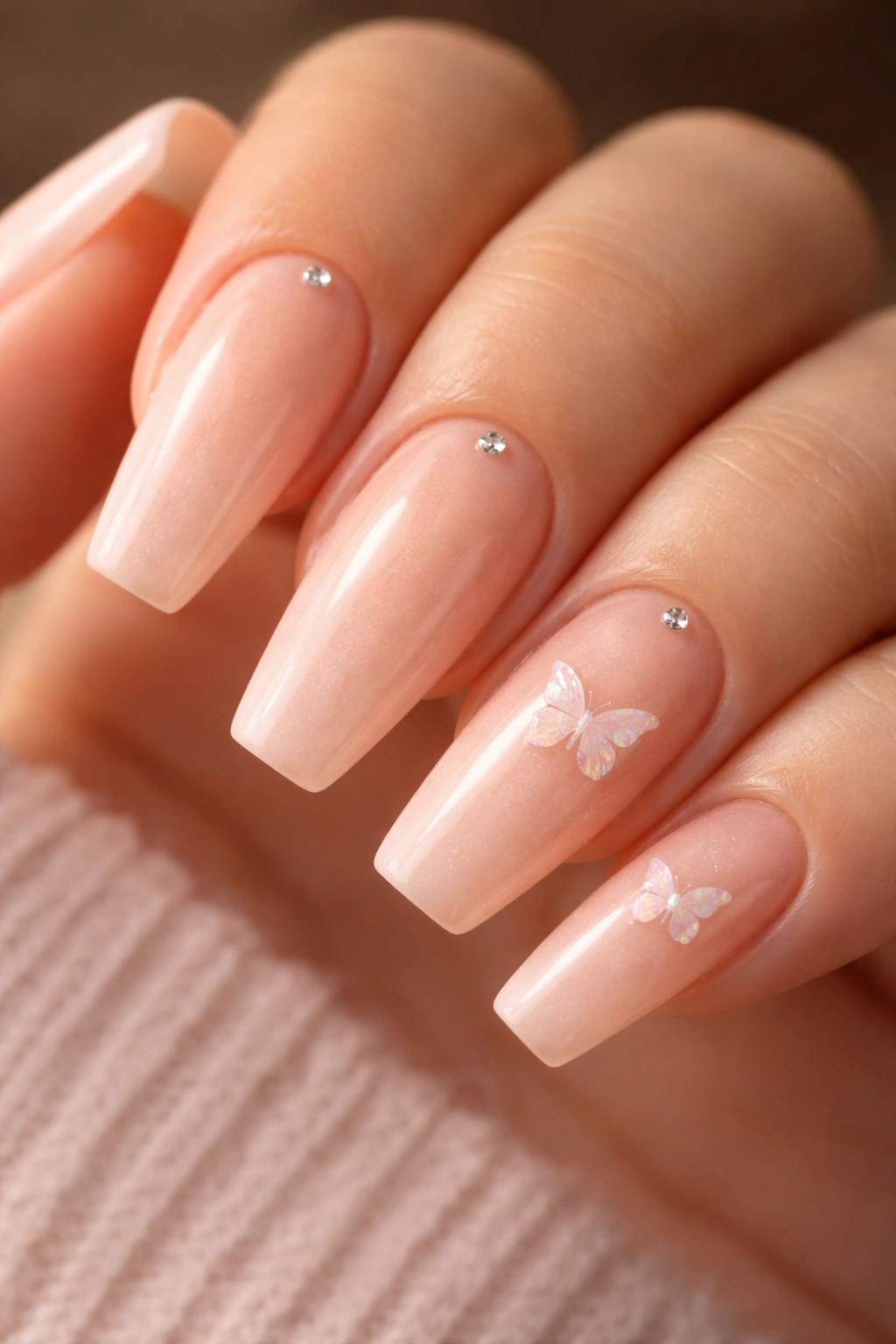 Close-up of soft peach ballerina nails with tiny translucent butterfly accents