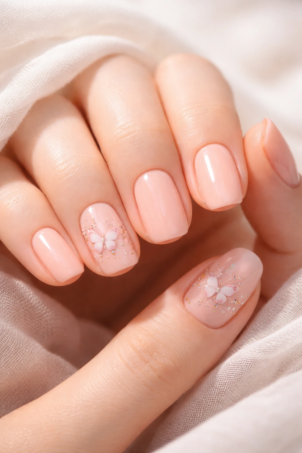 Close-up of peach short squoval nails with butterfly accents on accent nails