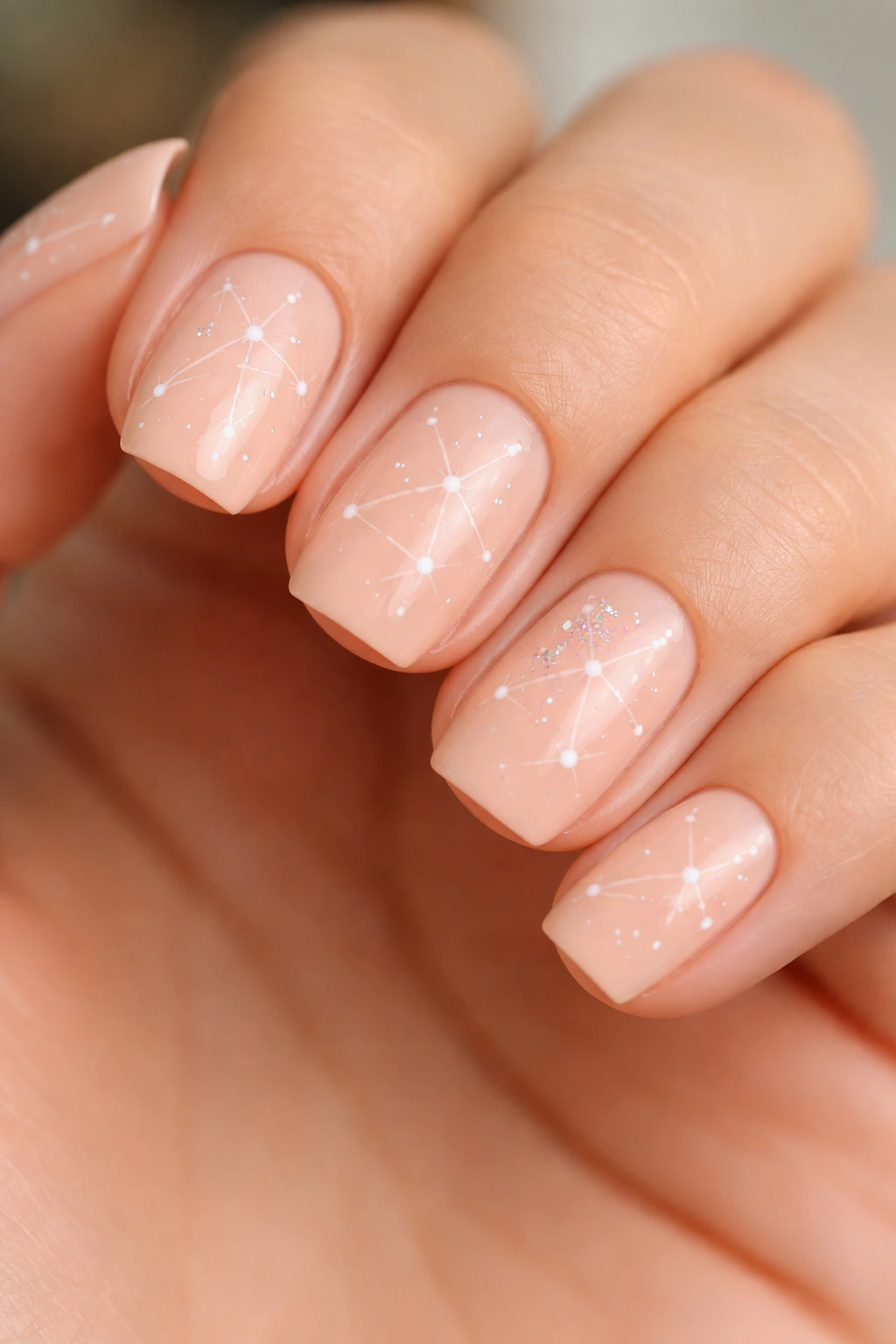 Pale peach nails with abstract constellation patterns on short squoval nails
