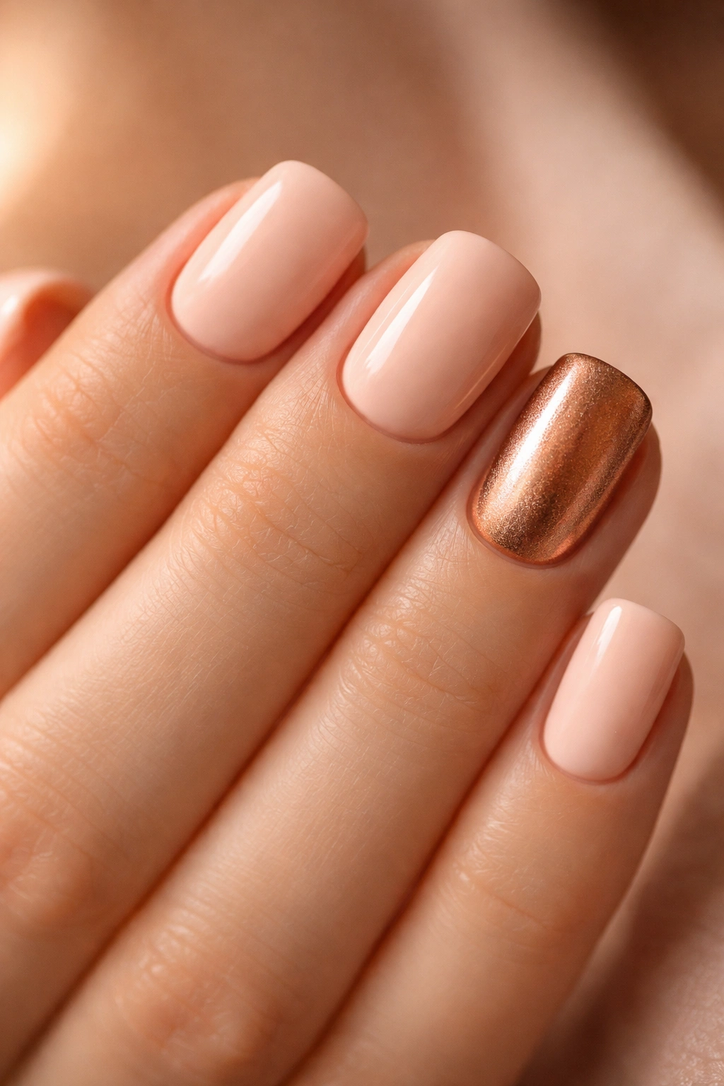 Close-up of short soft square nails with peach tones and copper accent