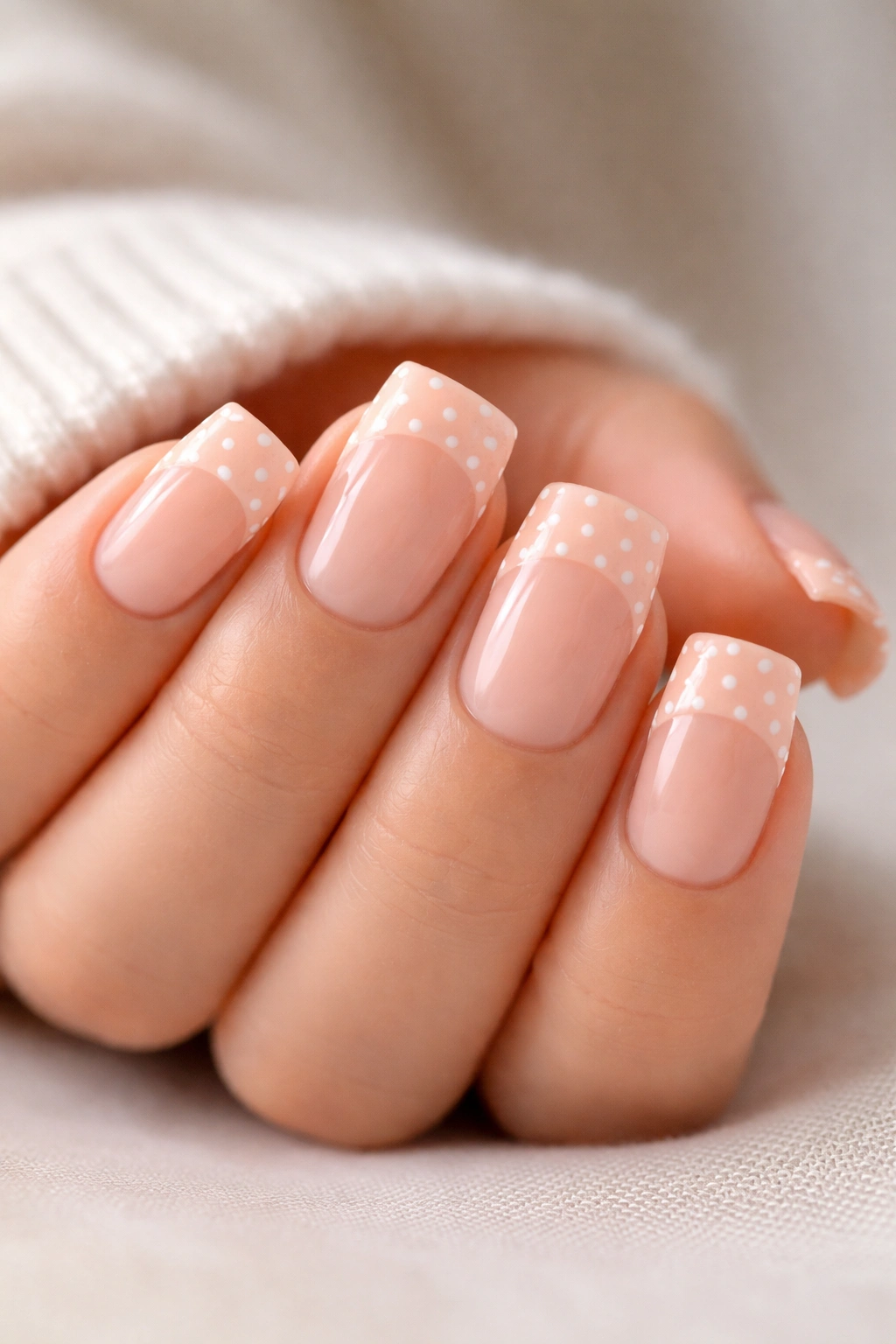 Close-up of short peach duck nails with white dot accents on the tips