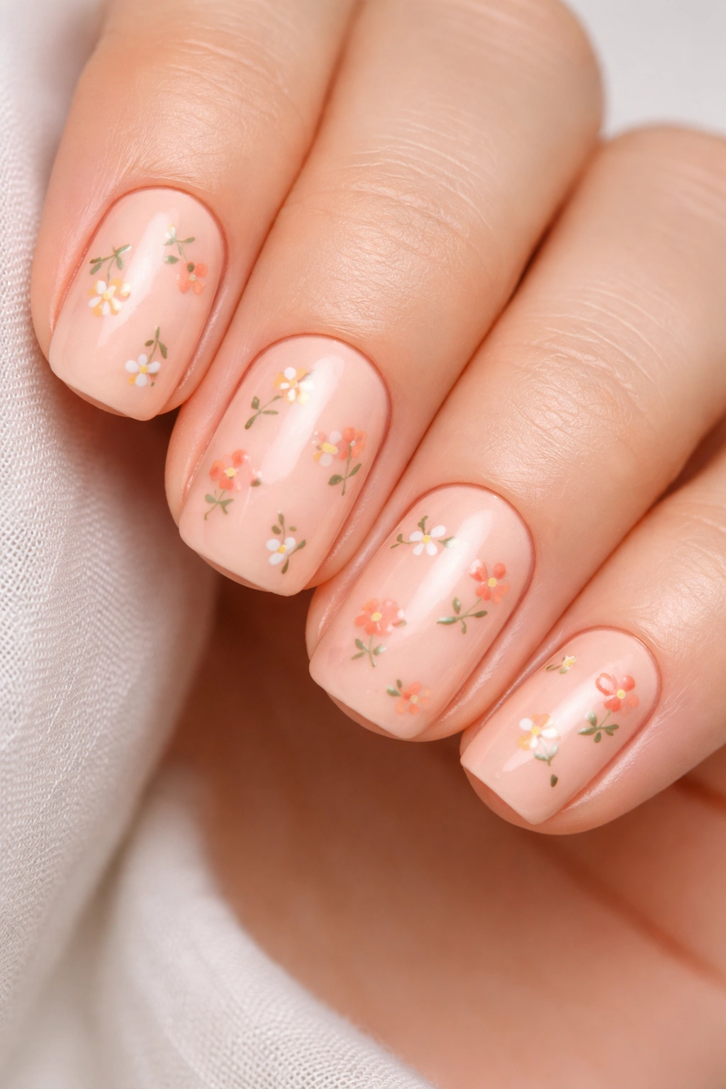 Close-up of short squoval nails in soft peach with tiny hand-drawn florals