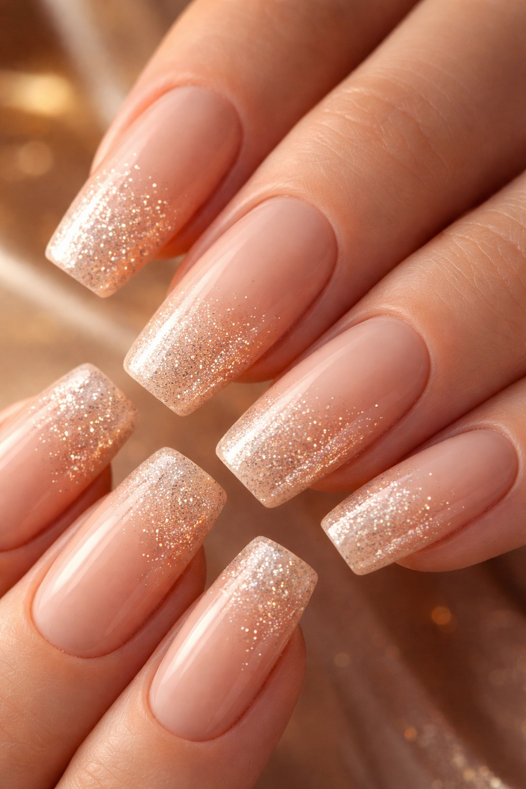 Close-up of long squoval nails in soft peach with glitter gradient at tips