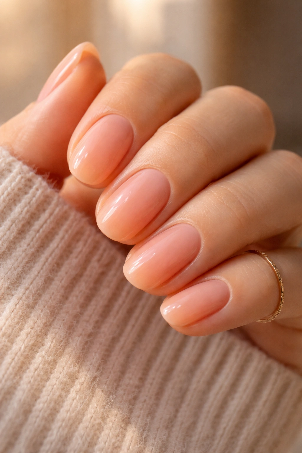 Close-up of sheer peach short oval nails with a glossy finish