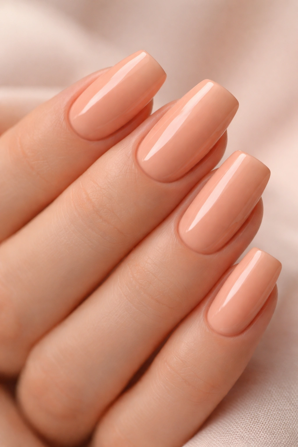 Close-up of soft square nails painted in warm peach with a glossy finish.