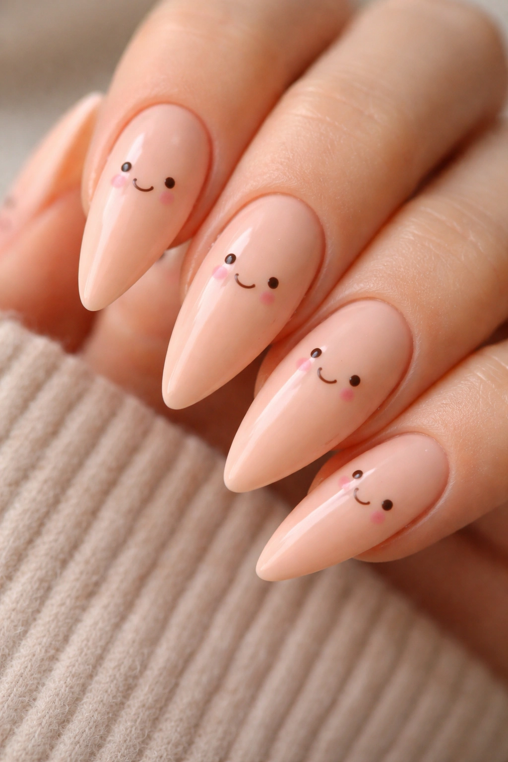 Peach-toned nails with tiny minimalist faces