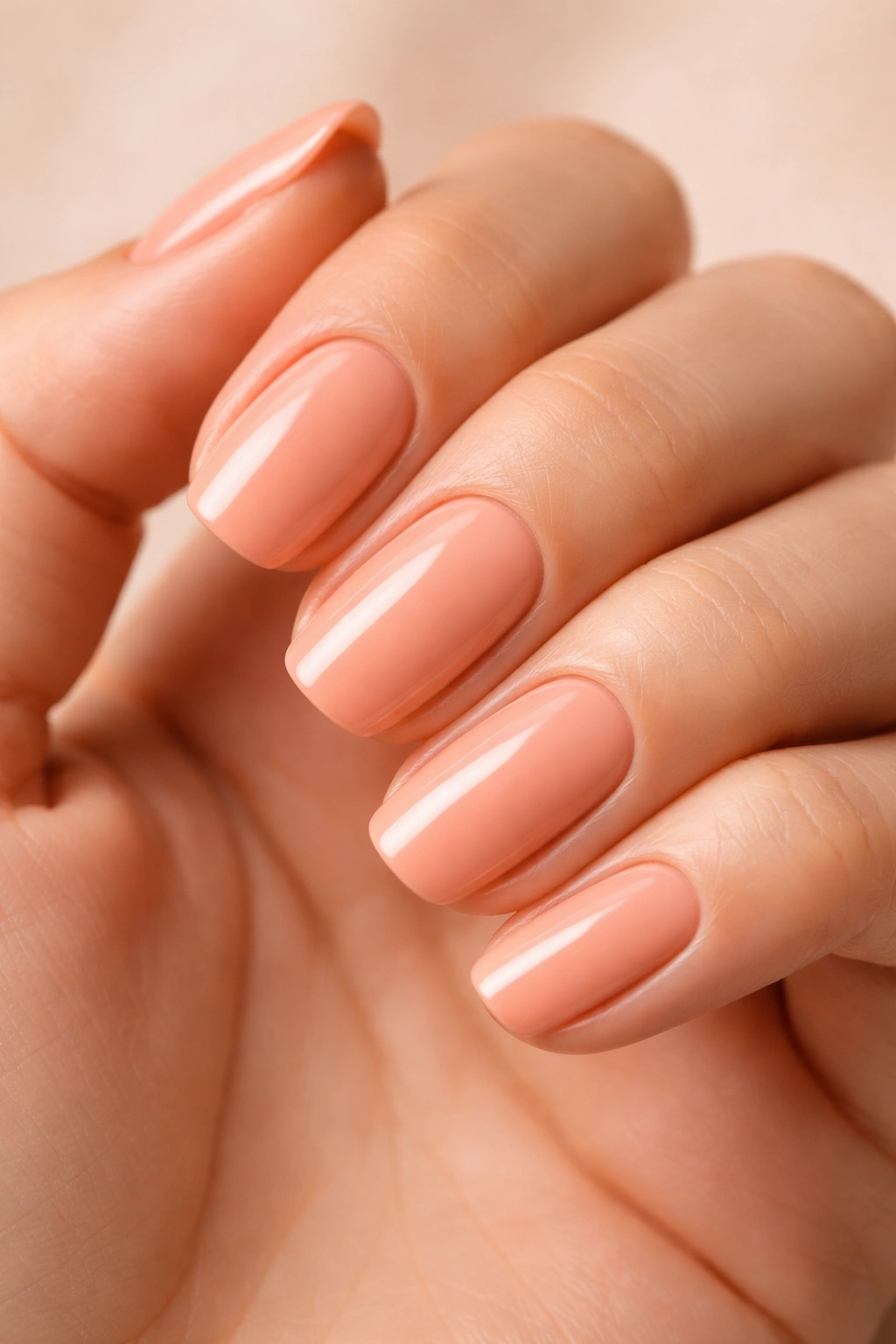 Close-up of nails painted muted peach
