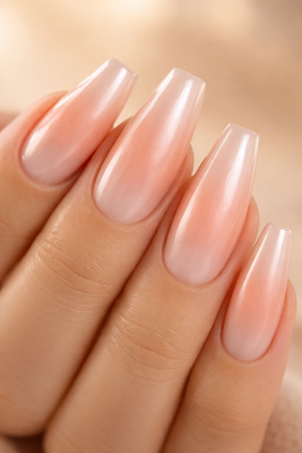 Close-up of peach pearl ballerina nails with creamy ombré fade