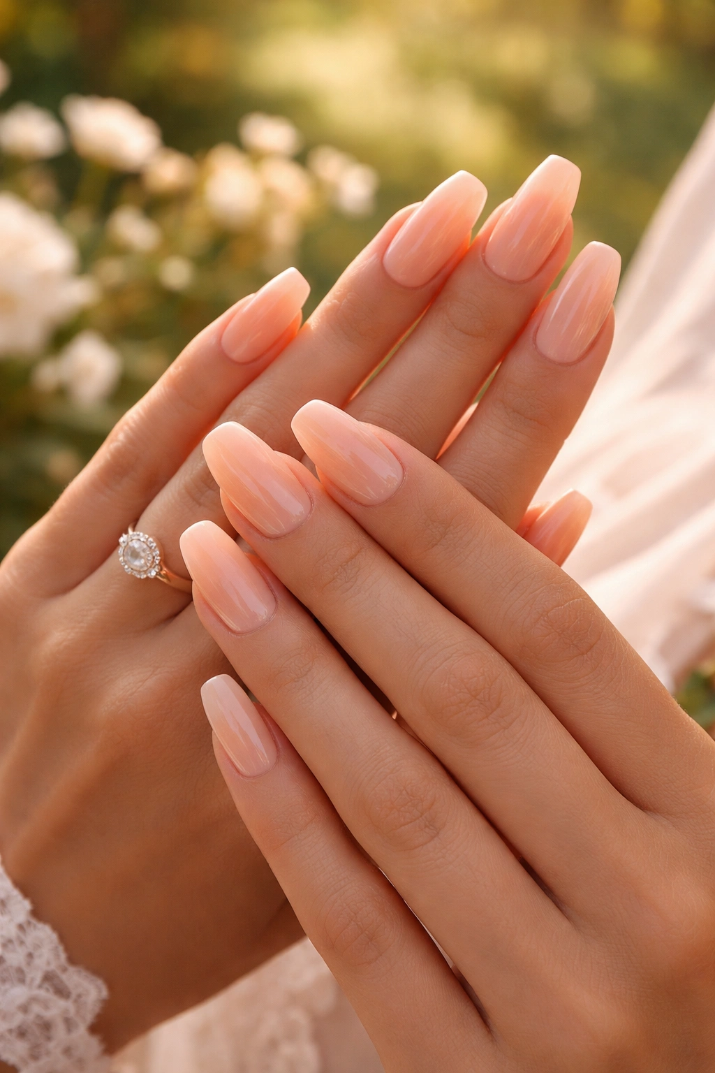 Soft peach gel nails on ballerina shape in natural outdoor light