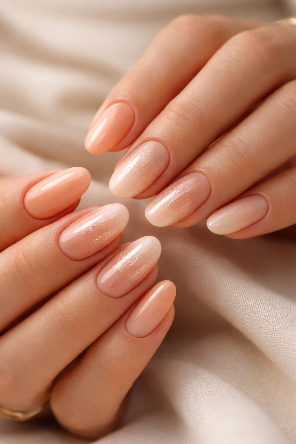 Close-up of hands with peach-toned nails in peach tones, showing creamy and sheer finishes