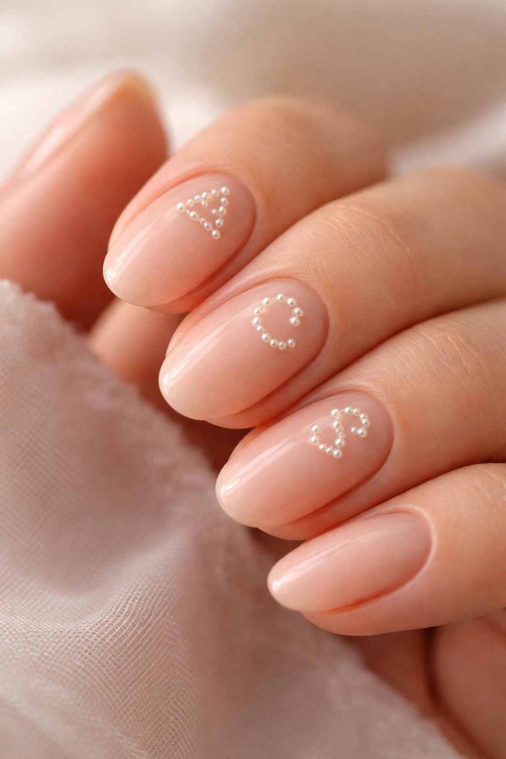 Close-up of short almond nails in sheer peach with tiny pearl monogram accents