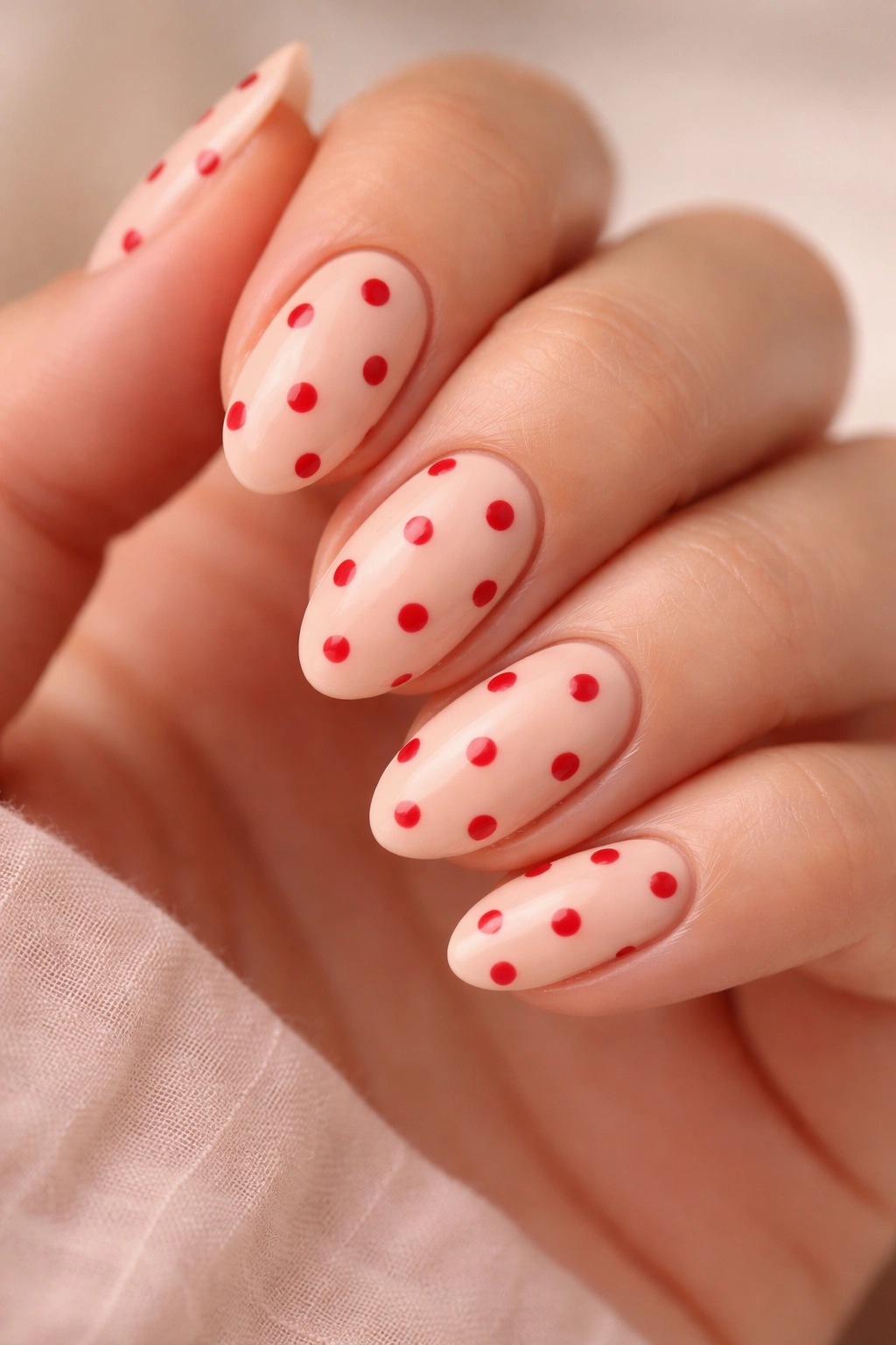 Close-up of short almond nails with peach base and cherry red dots