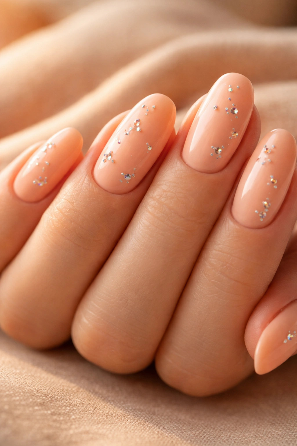 Peach almond nails with scattered tiny crystals