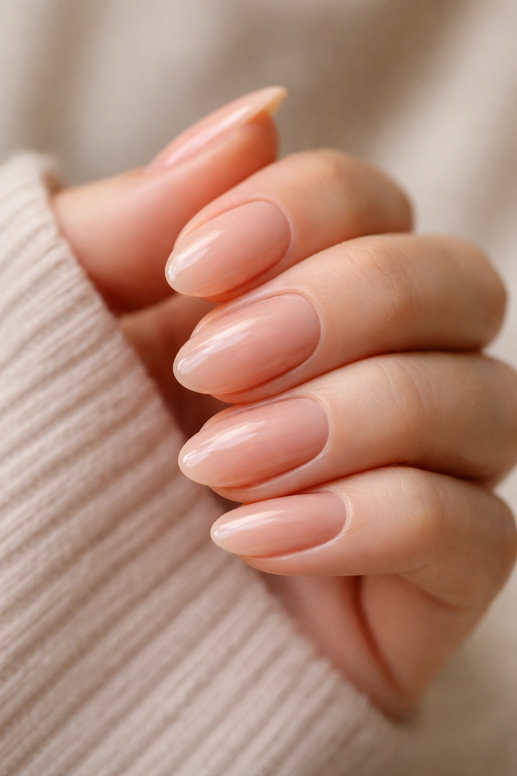 Close-up of sheer peach almond nails showing natural nail tone
