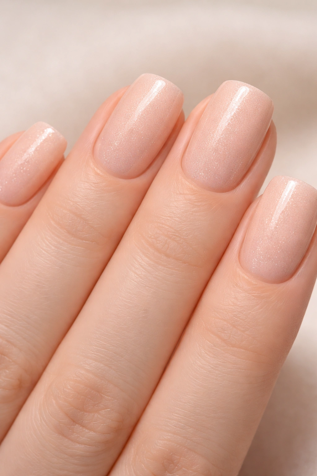 Pale peach nails with subtle shimmer for a professional look