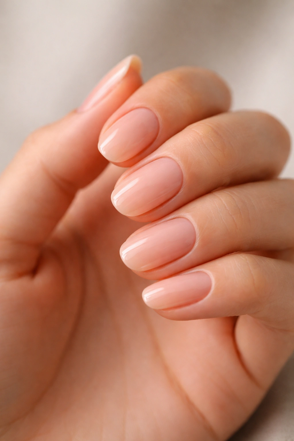 Close-up of small oval nails in sheer peach jelly on warm-toned hand