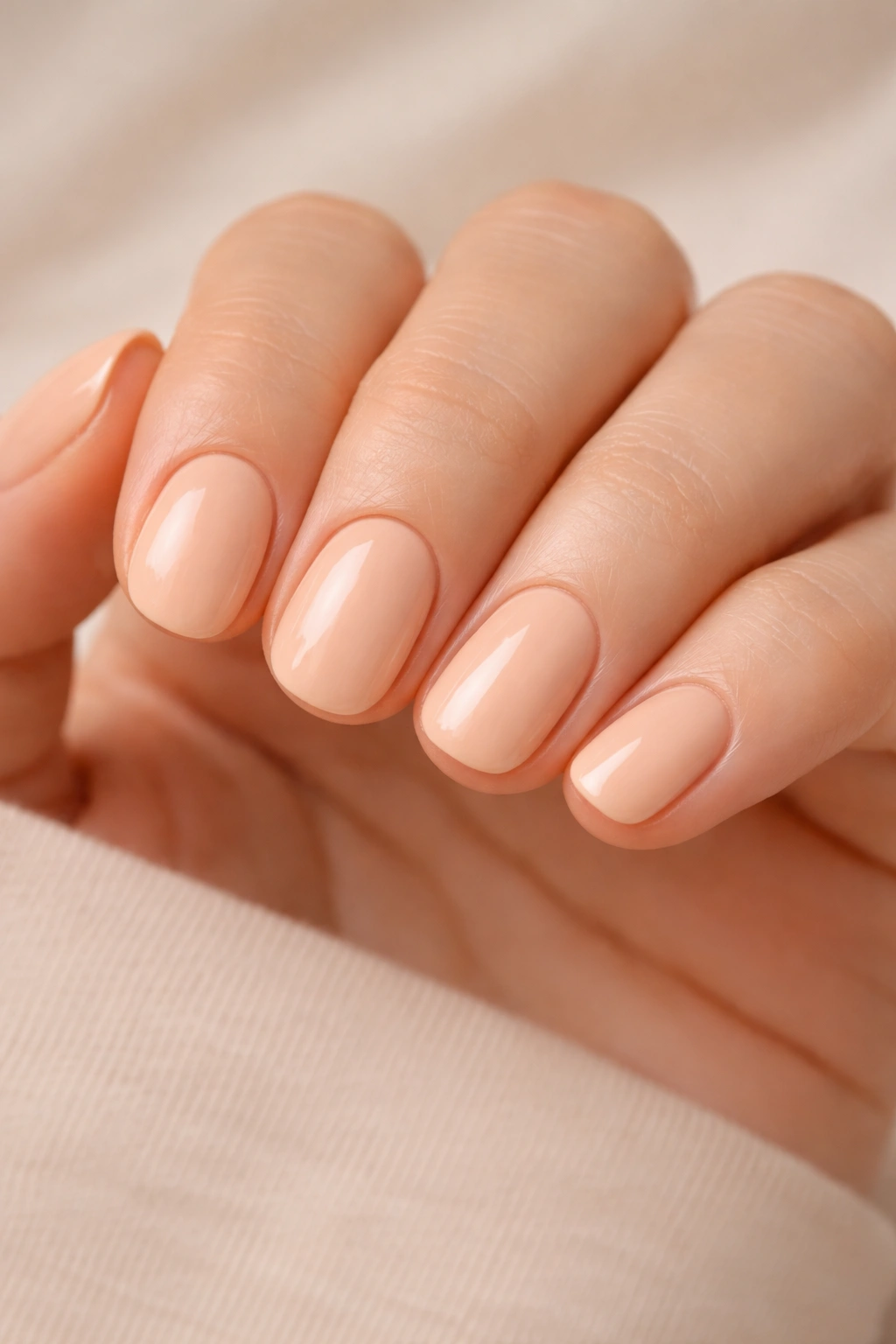 Close-up of short round nails painted in creamy peach