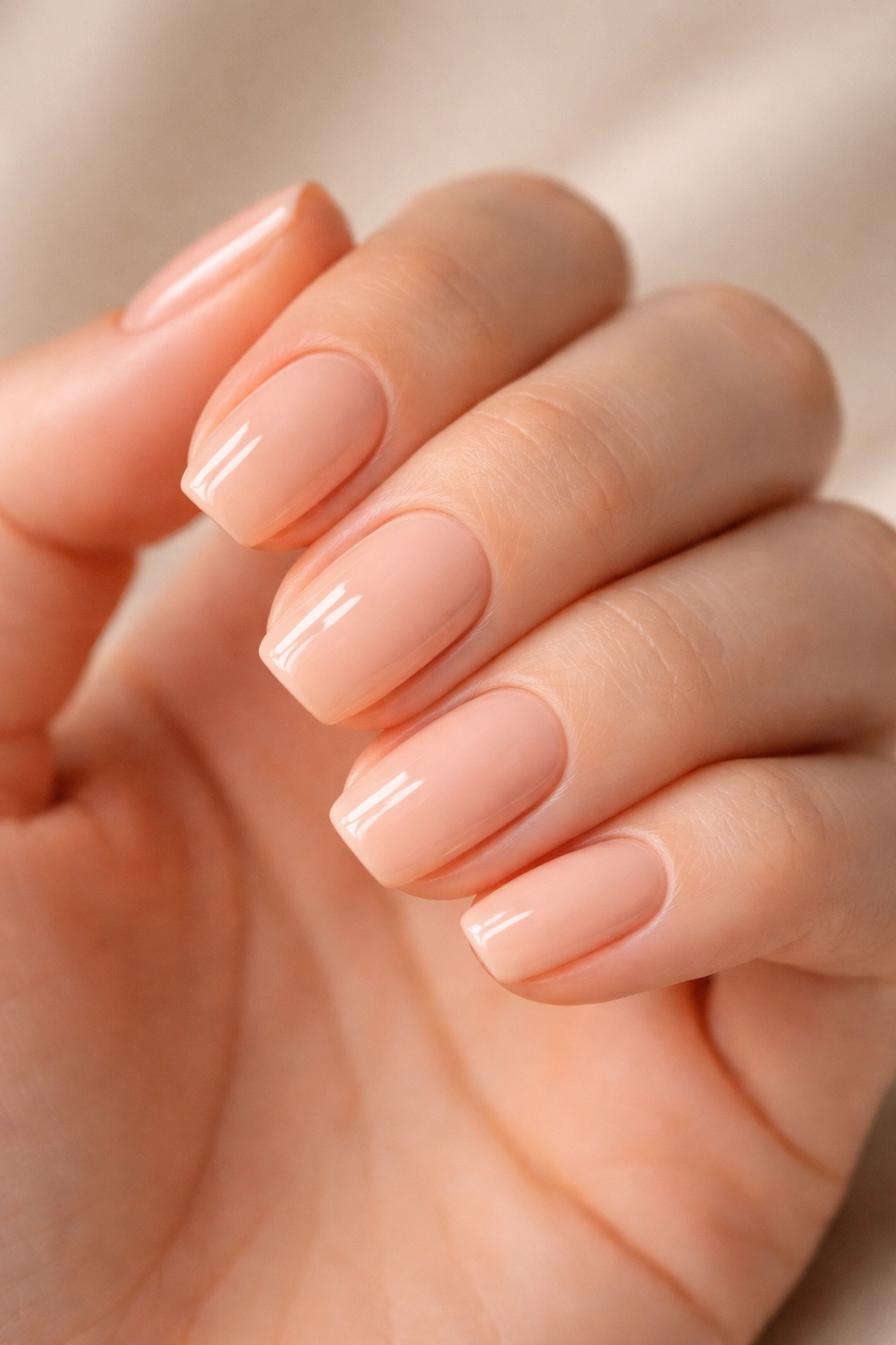 Close-up of soft peach squoval nails with glossy finish.